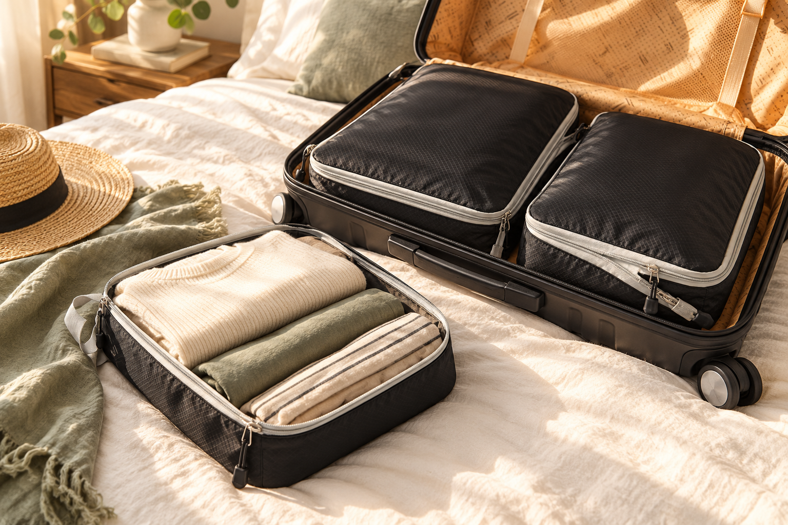 AI visualization of open packing cubes with folded clothes beside a packed suitcase in a bright hotel room